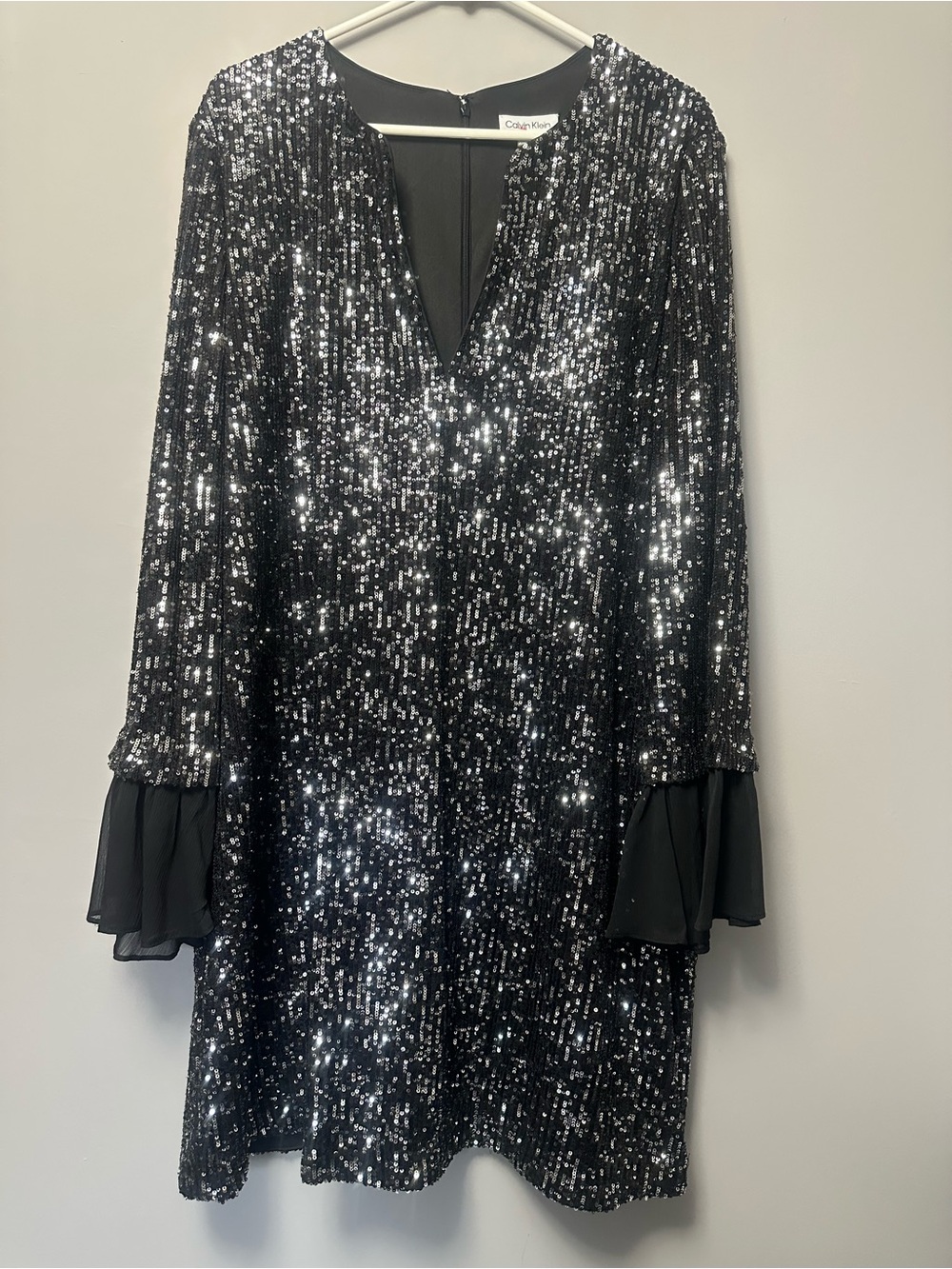 Calvin Klein Black Sequin Long-Sleeve V-Neck Dress with Bell Sleeves